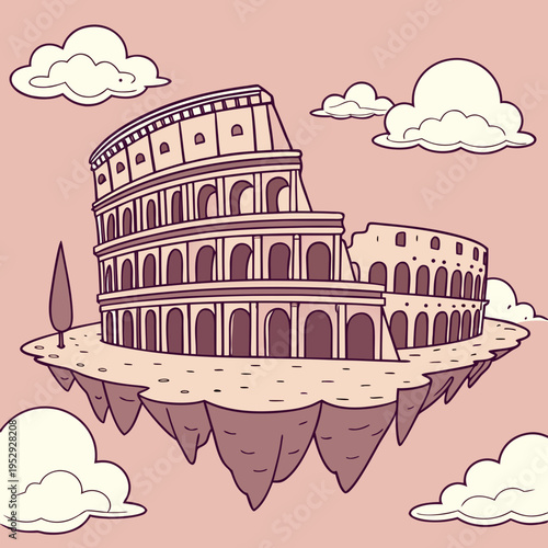 Ancient colosseum floating island vector illustration amidst clouds, depicting historical roman architecture, ancient ruin