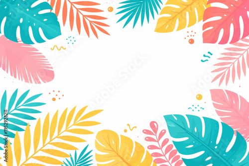 Colorful tropical leaf frame with decorative elements on white background