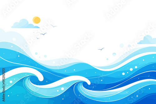 Sunny ocean waves with birds and clouds in a clear blue sky