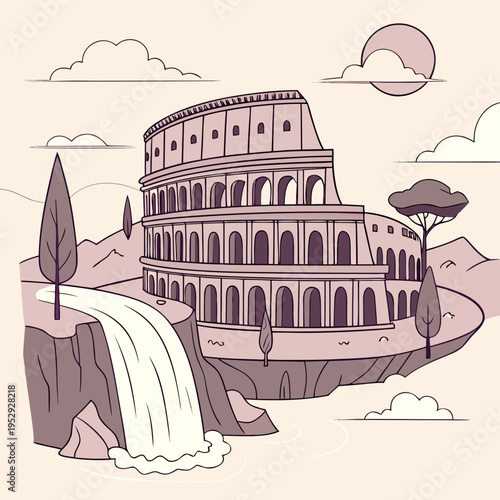 Ethereal roman colosseum floating island vector illustration with waterfall, trees, and sun in a pastel landscape, ancient ruin