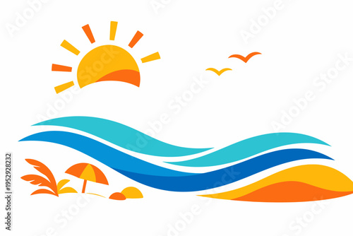 Colorful coastal wave scene with bright sun and sea birds
