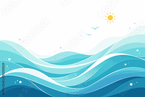 Abstract ocean waves with sun and birds on a clear sky background