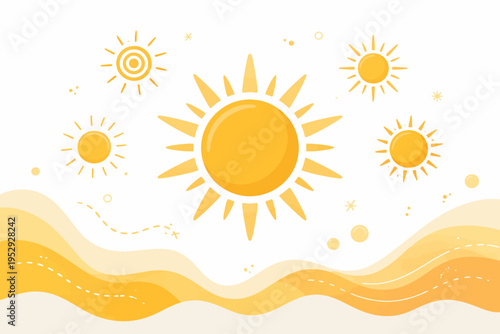 Bright sun illustrations with abstract yellow waves and dots
