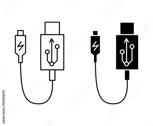 Plug USB cable icon with editable stroke. Black solid icons