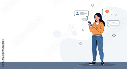 Woman using smartphone, social media notifications, likes and messages, communication concept