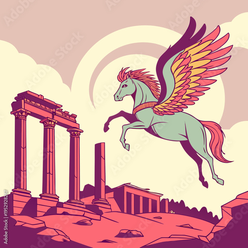 Colorful pegasus rearing above ancient roman columns and temple ruins vector illustration of mythical history with winged horse