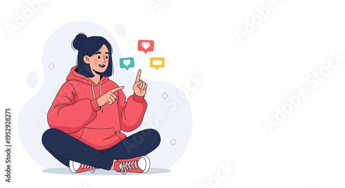 Young Woman Sitting Cross-legged with Social Media Icons Floating Above
