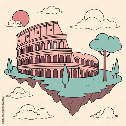 Roman colosseum floating island vector art with green landscape, trees, and clouds in a colorful scene, ancient ruin