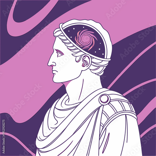 Minimalist roman bust with inner galaxy brain vector art representing deep thought, knowledge, and cosmic ideas, laurel wreath