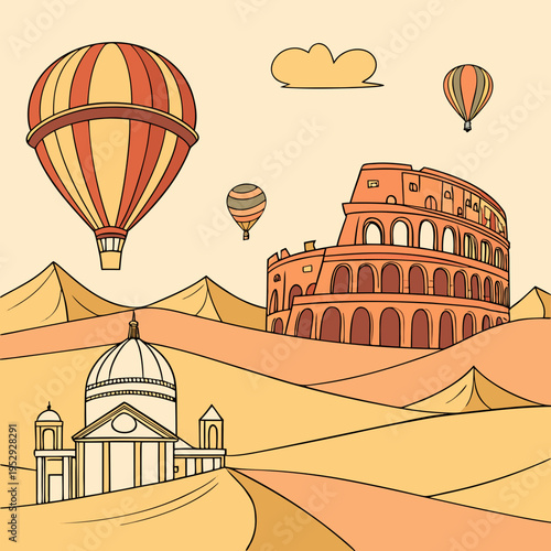 Iconic roman landmarks illustration with hot air balloons and historic architecture: colosseum & st. peter's basilica travel scene with a charming cartoon illustration showcasing the famous colosseum