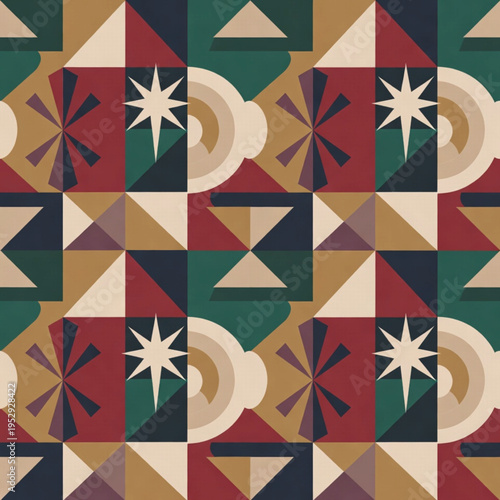 Geometric Pattern with Triangles, Circles, and Stars in Red and Green, and Beige Colors