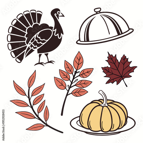 Festive thanksgiving holiday elements set with turkey, pumpkin, autumn leaves, and covered dish vector, line art