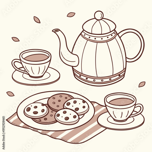 Elegant tea time setup with teapot, teacups, and delicious chocolate chip cookies vector illustration, afternoon tea