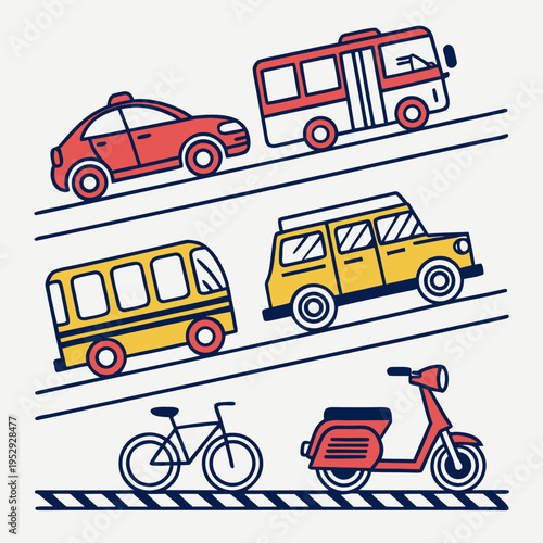 Diverse cartoon transportation vehicles set including car, bus, van, scooter, and bicycle vector illustration, city traffic