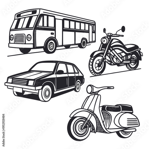 Monochrome transportation vehicles set with bus, car, motorcycle, and scooter line art vector illustration, city traffic