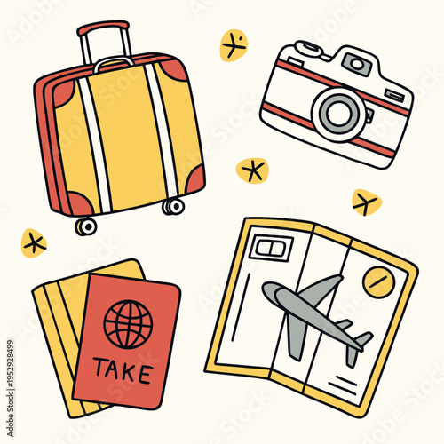 Essential travel and vacation items set with yellow suitcase, camera, passport, and map vector illustration, line art