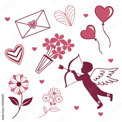 Romantic valentine's day themed cupid, hearts, flowers and love elements vector illustration set for holiday design, love letter