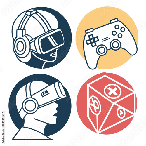 Virtual reality and gaming icons vector set, modern digital entertainment, augmented reality, and interactive experience symbols, vr headset