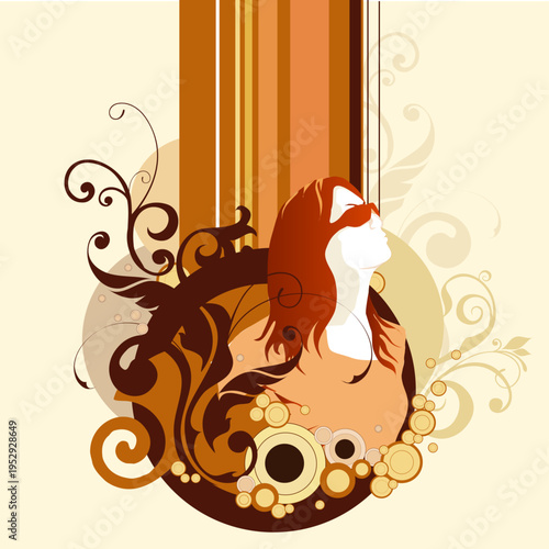 Elegant vector illustration features a stylized woman's profile with flowing reddish-brown hair and fashionable sunglasses, set within a rich tapestry of intricate floral scrollwork and abstract organ