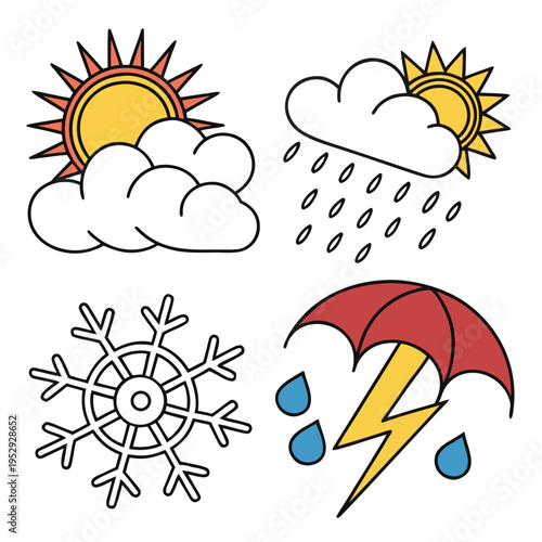 Essential weather forecast icons vector set, sunny, rainy, snowy, and stormy climate symbols for meteorology design, sun icon