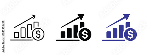 rising bar chart with arrow and dollar coin icon, financial growth and profit increase symbol, revenue income and investment success concept, business performance vector design.