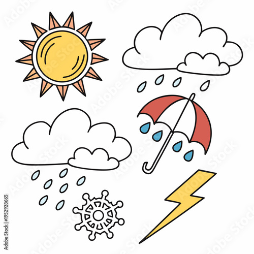 Doodle style sun, clouds, rain, umbrella, snowflake, and lightning bolt icons for weather forecast and meteorology, white background