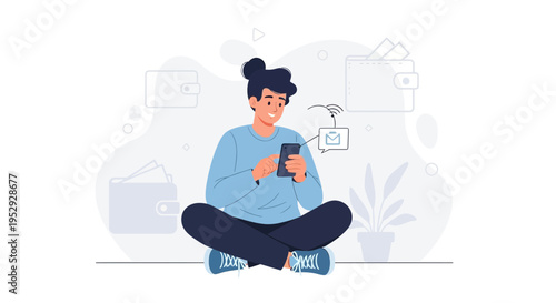 Young person with bun hairstyle using smartphone, receiving email notification, sitting cross-legged