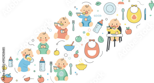Baby Feeding Collection with Newborn Infants Eating Drinking and Sitting in High Chair with Food Elements in Cartoon Vector Illustration Style.