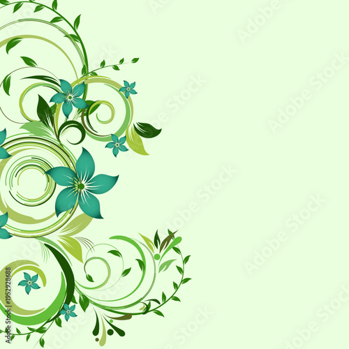 Vibrant abstract floral vine scroll design featuring teal blossoms and various shades of lush green foliage artistically arranged along the left border against a pale spring background, perfect for el