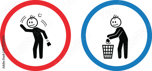 No Littering and Proper Waste Disposal Sign Icon Set with Stick Figure Symbols, Clean Environment Warning Label for Public Areas, Parks, Streets, and Facilities