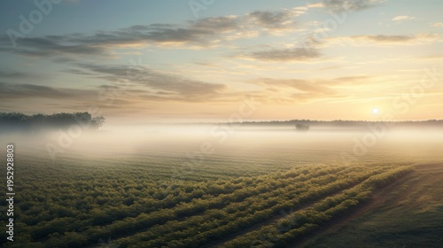 A photo of a morning fog lifting from the fields.