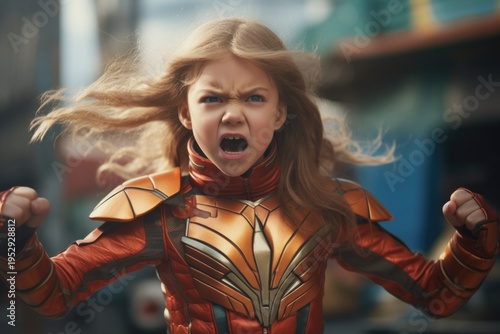 A young girl wearing a costume is captured in a moment of screaming. This image can be used to depict fear, excitement, or surprise in various contexts