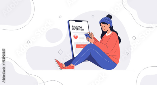 Young woman using mobile banking app for balance overview on phone, financial technology concept