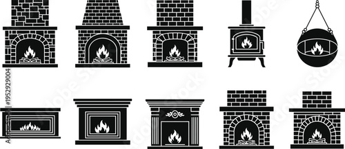 Fireplace and wood stove icon set, traditional brick hearths and modern heating appliances, home interior warmth concept, black silhouette vector illustration for winter design
