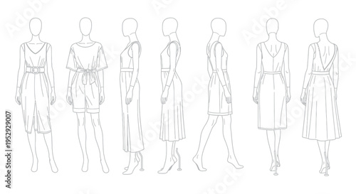 A technical fashion sketch showing seven views of a stylish dress design for garment development