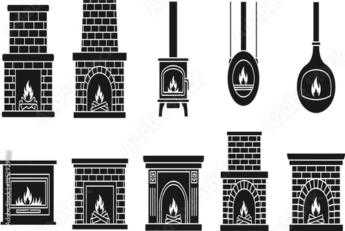 Fireplace and wood stove icons set, home heating elements collection, traditional and modern fire designs, black silhouette vector illustration for interior and winter concepts