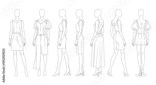 Technical fashion design sketch showing multiple views of a female garment with puff sleeve details