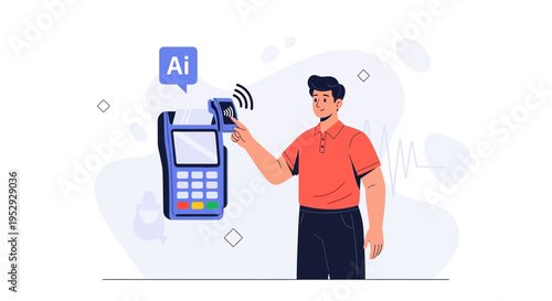 Man making contactless payment with AI technology at POS terminal