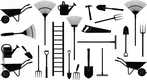 Фотография Garden tools silhouette set, farming and landscaping equipment collection, rake