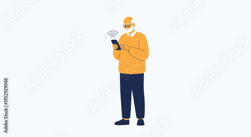 Elderly man using smartphone with wifi signal, modern technology for seniors