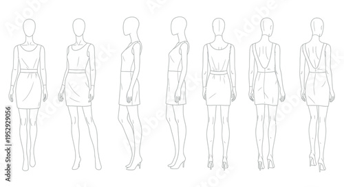 A technical fashion illustration showing multiple views of a female figure wearing a simple dress