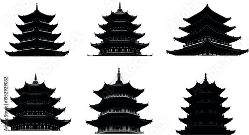 A collection of six distinct black silhouettes representing traditional east asian pagoda designs