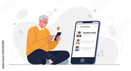 Senior man using smartphone for pension funds management in senior banking app