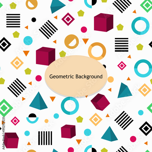 Vibrant and colorful abstract seamless pattern featuring various three dimensional and flat geometric shapes perfect for modern design backgrounds and textile printing applications