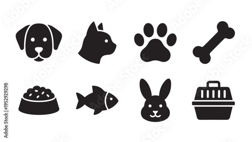 Minimal pet icon set featuring dog, cat, rabbit, fish, paw, bone, food, and carrier in simple silhouette style.