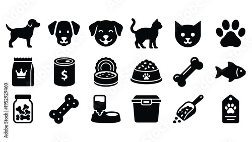 Pet care and food icon set with dog, cat, paw, treats, bowl, bone, and supplies in silhouette style.