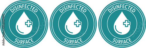 Disinfected Surface Badge Icon Set with Medical Cross and Liquid Drop Symbol, Hygiene Safety Label for Clean Areas, Sanitization Certification, and Health Protection Design