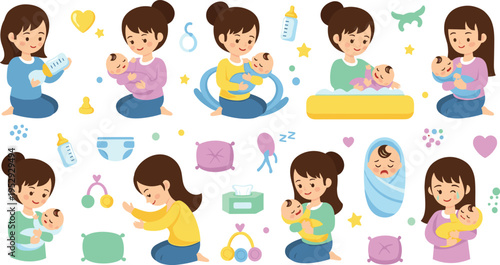 Mother Caring for Baby Collection with Women Feeding Bathing Playing and Holding Newborn Infants in Flat Cartoon Vector Illustration Style.