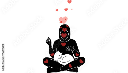 A person wearing a hoodie with hearts meditates with a white cat