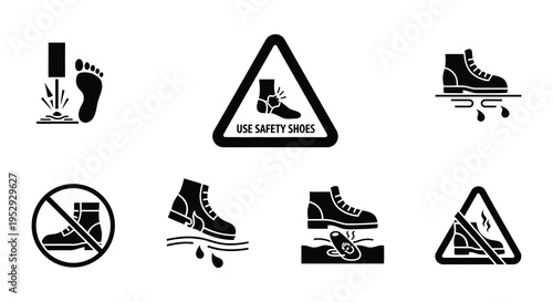 Safety shoe icons depicting warnings and required protective footwear
